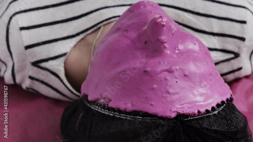 Wallpaper Mural Closeup Woman With Cosmetic Mask On Facial Skin In Beauty Salon. Young Female With Pink Moisturizing Alginate Mask. Beauty Treatment. Torontodigital.ca