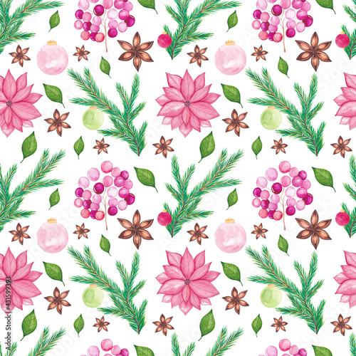 Watercolor Christmas seamless pattern with watercolor traditional seasonal elements.