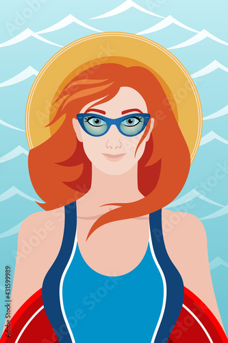 A slender girl with red hair and sunglasses stands against the background of the ocean with a red life buoy. Vector illustration. © Юлия Мелешина