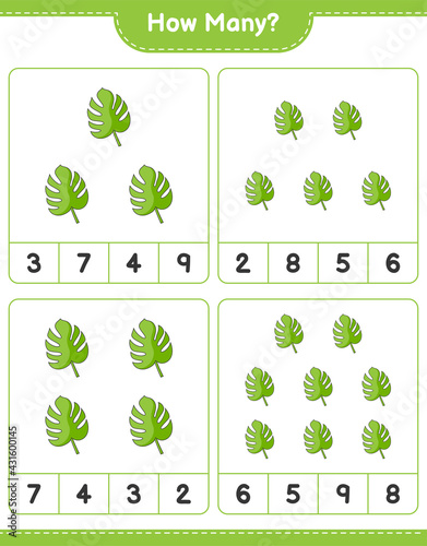 Counting game  how many Monstera. Educational children game  printable worksheet  vector illustration