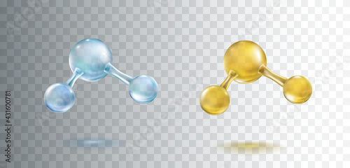 Molecule model set isolated on transparent background. Blue and gold oil molecular formula of water or glossy science bubbles pattern. Vector 3d medical sphere, biotechnology elements