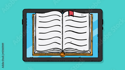 Colorful, cartoon style vector illustration of ebook on tablet screen. Every object is on different layer. Easy to edit vector file.