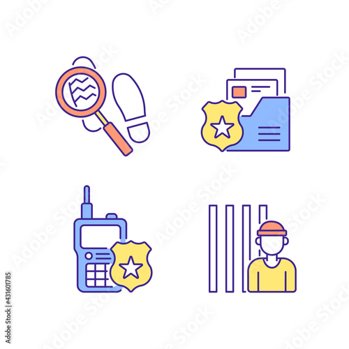 Police RGB color icons set. Law enforcement. Transport, protection equipment. Thin line contour symbols. Isolated vector outline illustrations.
