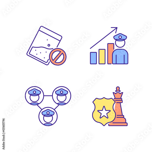 Police RGB color icons set. Law enforcement. Transport, protection equipment. Thin line contour symbols. Isolated vector outline illustrations.