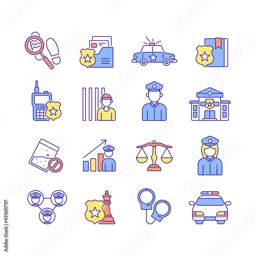 Police RGB color icons set. Law enforcement. Transport, protection equipment. Thin line contour symbols. Isolated vector outline illustrations.