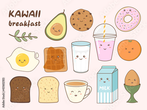 Set of cute breakfast food icons in kawaii style. Healthy breakfast meal ingredients.
