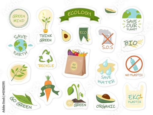 Collection of ecology stickers with slogans save earth, go green, eco, save water.Eco friendly lifestyle. Ecological stickers