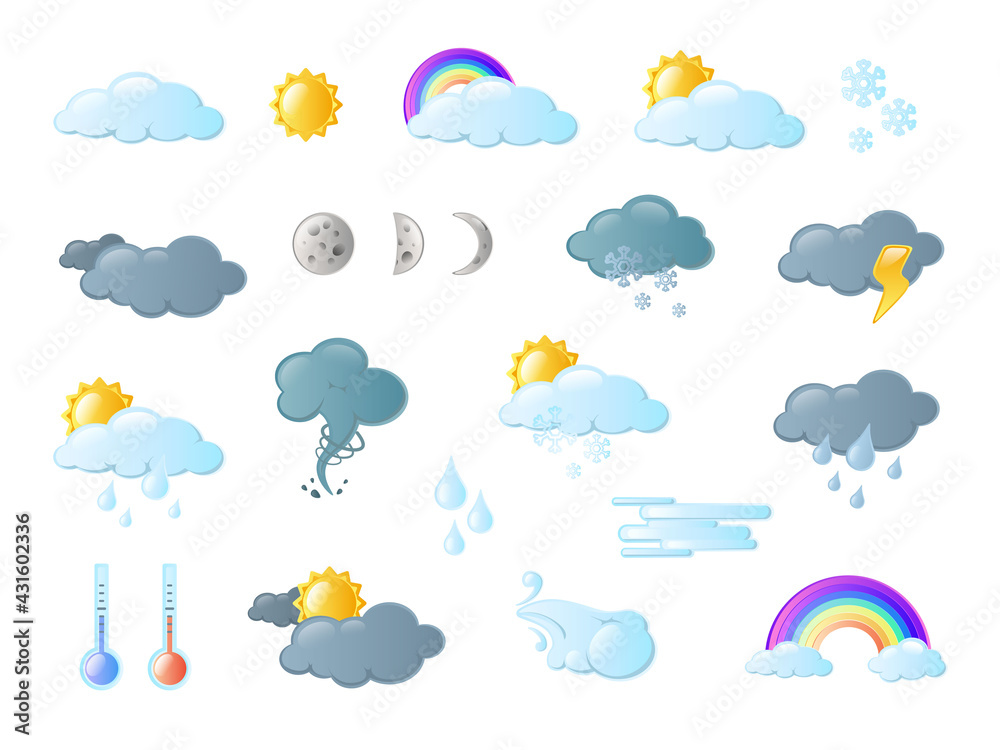 Weather Icons. Vector illustration. White clouds, dew on leaves, fog sign, day and night for forecast design. Sun and thunderstorm stickers. Weather Icons. Vector illustration. White clouds, dew on leaves, fog sign, day and night for forecast design. Sun and thunderstorm stickers.