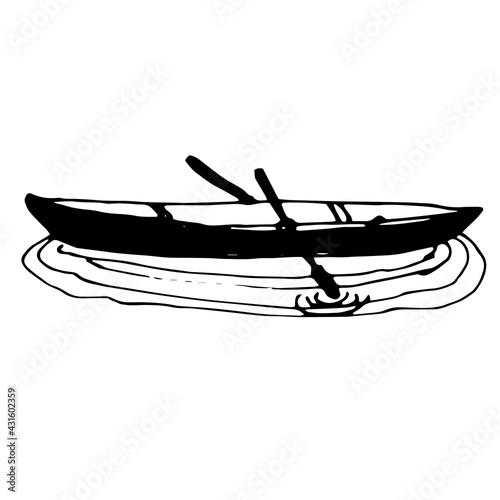 Doodle Wooden boat. Vector drawing . Isolated on a white background, vector. Elements for Print for a postcard and Illustration for a T-shirt.