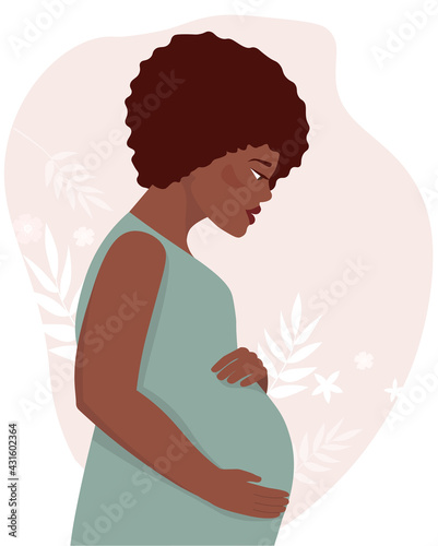 A beautiful pregnant African-American woman in profile holds a large belly with her hands. A woman waiting for the birth child. Future dark-skinned mother. Vector graphics. The concept motherhood.