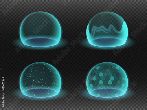 Bubble shields. Energy shield effects isolated on transparency grid. Science fiction various deflector elements, firewall absolute protection isolated