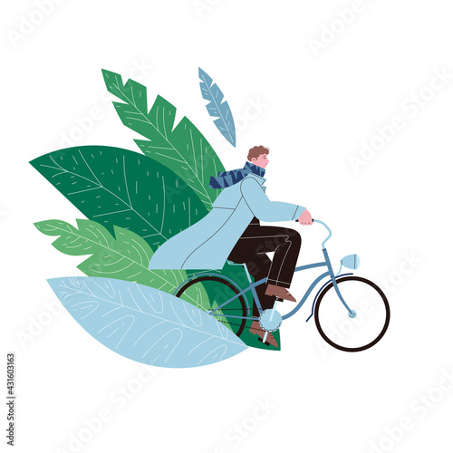 Flat illustration of a guy wearing a coat riding vintage cruiser bicycle on the foliage background
