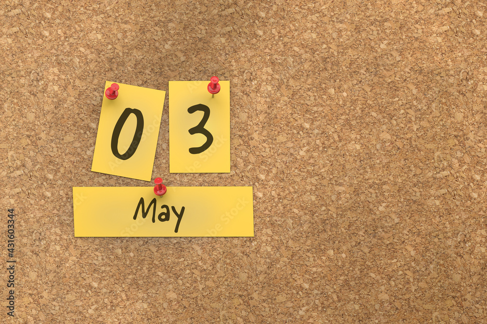 3d rendering of important days concept. May 3rd. Day 3 of month. The date written on yellow papers is pinned to the cork board. Spring month, day of the year. Remind you an important event. 3d rendering of important days concept. May 3rd. Day 3 of month. The date written on yellow papers is pinned to the cork board. Spring month, day of the year. Remind you an important event.