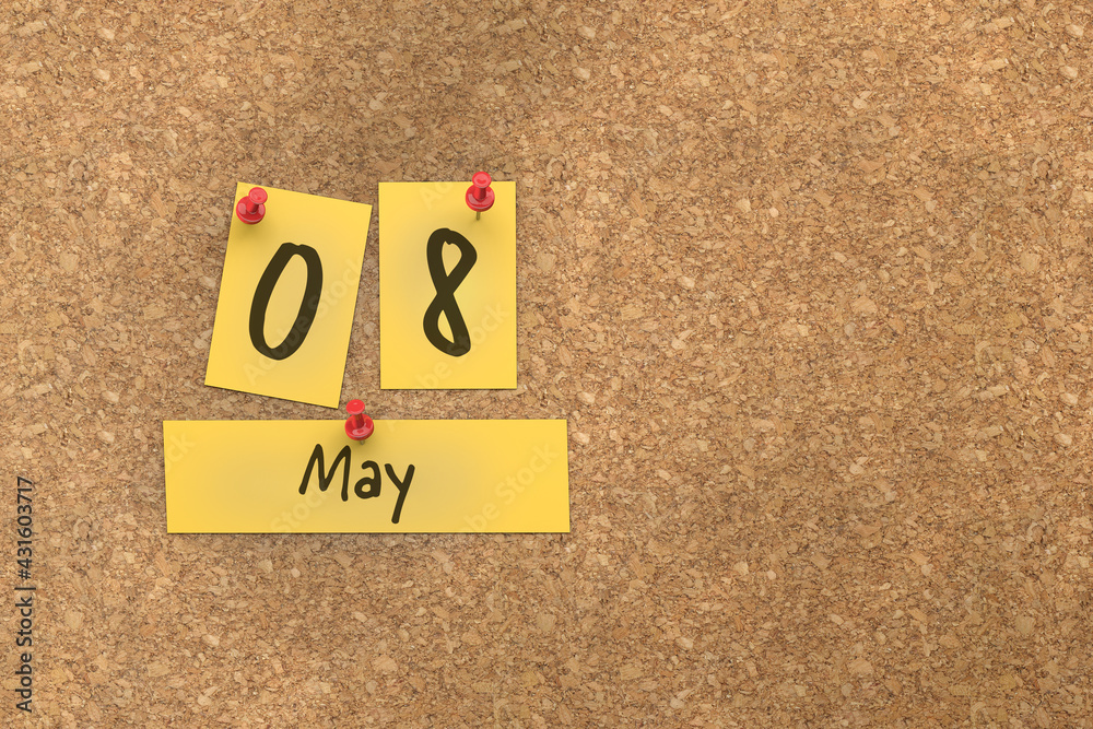 3d rendering of important days concept. May 8th. Day 8 of month. The date written on yellow papers is pinned to the cork board. Spring month, day of the year. Remind you an important event. 3d rendering of important days concept. May 8th. Day 8 of month. The date written on yellow papers is pinned to the cork board. Spring month, day of the year. Remind you an important event.