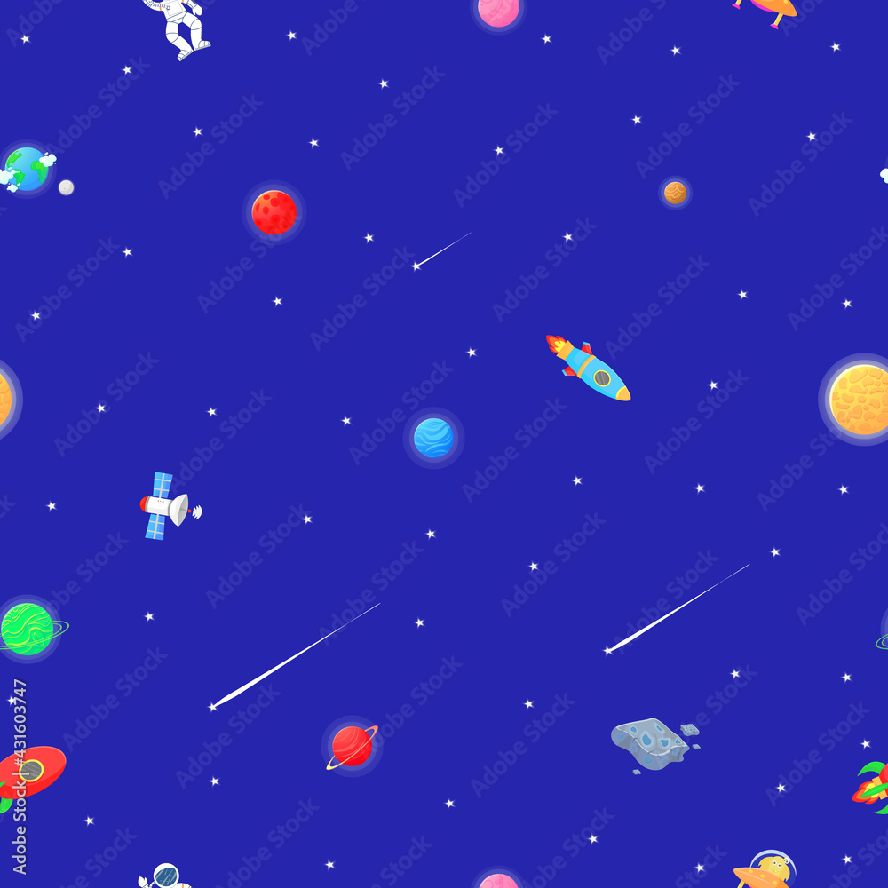 Fototapeta premium Astronaut with rocket and alien in the open space