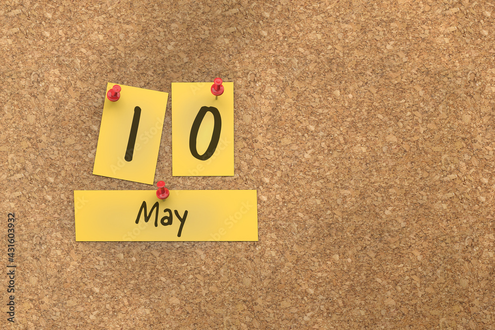 3d rendering of important days concept. May 10th. Day 10 of month. The date written on yellow papers is pinned to the cork board. Spring month, day of the year. Remind you an important event. 3d rendering of important days concept. May 10th. Day 10 of month. The date written on yellow papers is pinned to the cork board. Spring month, day of the year. Remind you an important event.