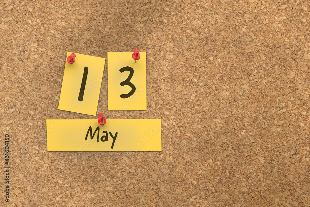 3d rendering of important days concept. May 13th. Day 13 of month. The date written on yellow papers is pinned to the cork board. Spring month, day of the year. Remind you an important event. 3d rendering of important days concept. May 13th. Day 13 of month. The date written on yellow papers is pinned to the cork board. Spring month, day of the year. Remind you an important event.