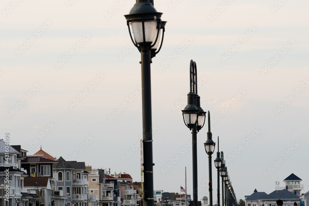Old street light on the beachfront city outdoor