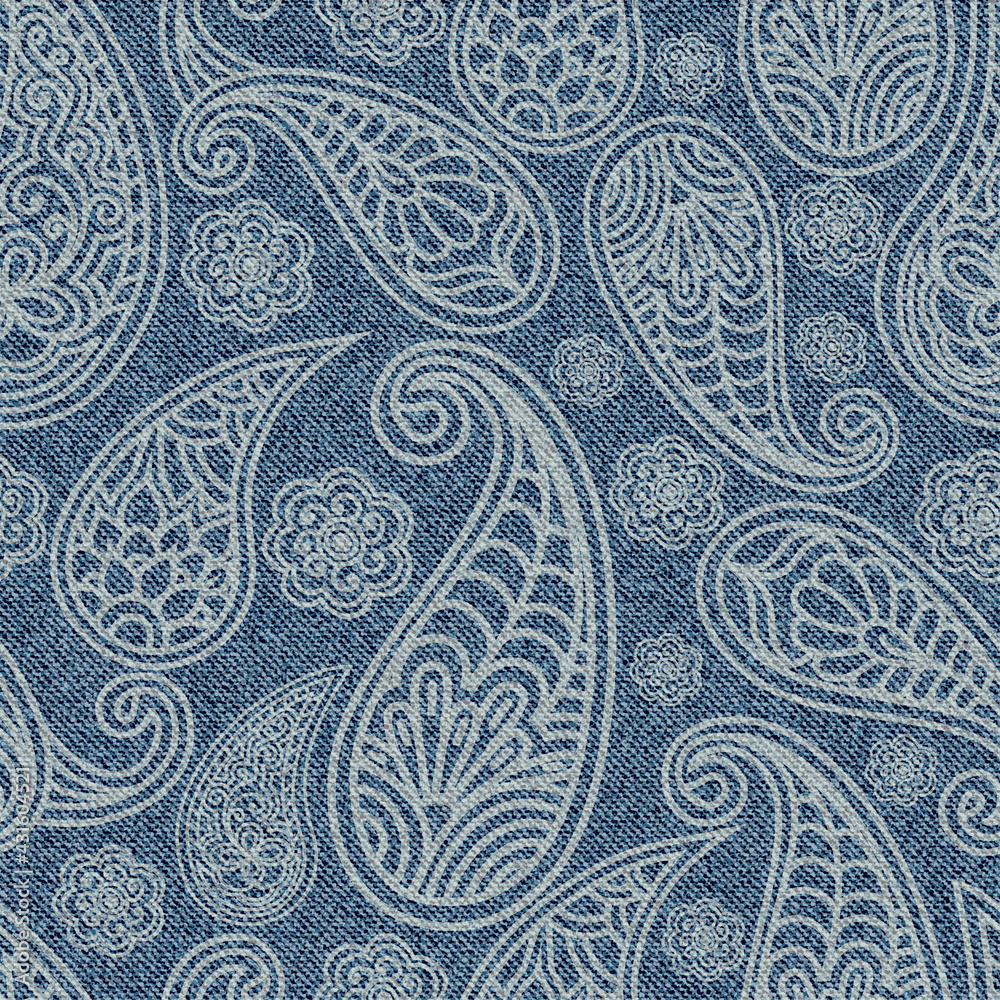 Jeans seamless pattern with Indian paisley ornament. Turkish cucumber on blue Denim texture background.