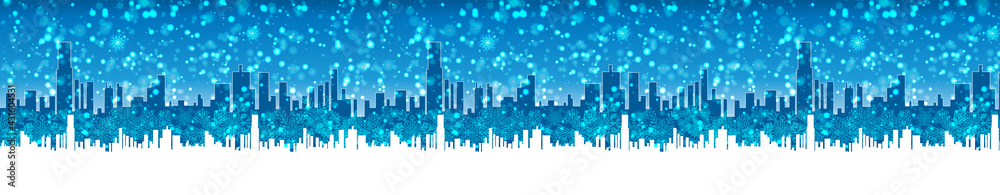 Panorama of winter cityscape background. Abstract snowy silhouette of a city landscape.