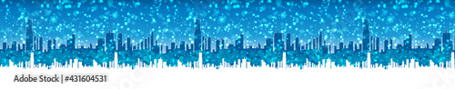 Panorama of winter cityscape background. Abstract snowy silhouette of a city landscape.