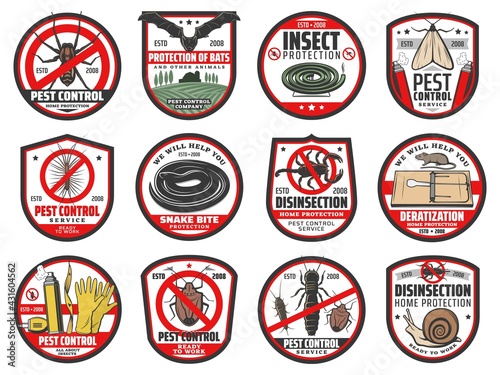 Pest control icons, disinfection, extermination and deratization service, vector signs. Insects and rodents pest control, home disinfestation from rats, bugs and moth, snakes and cockroaches