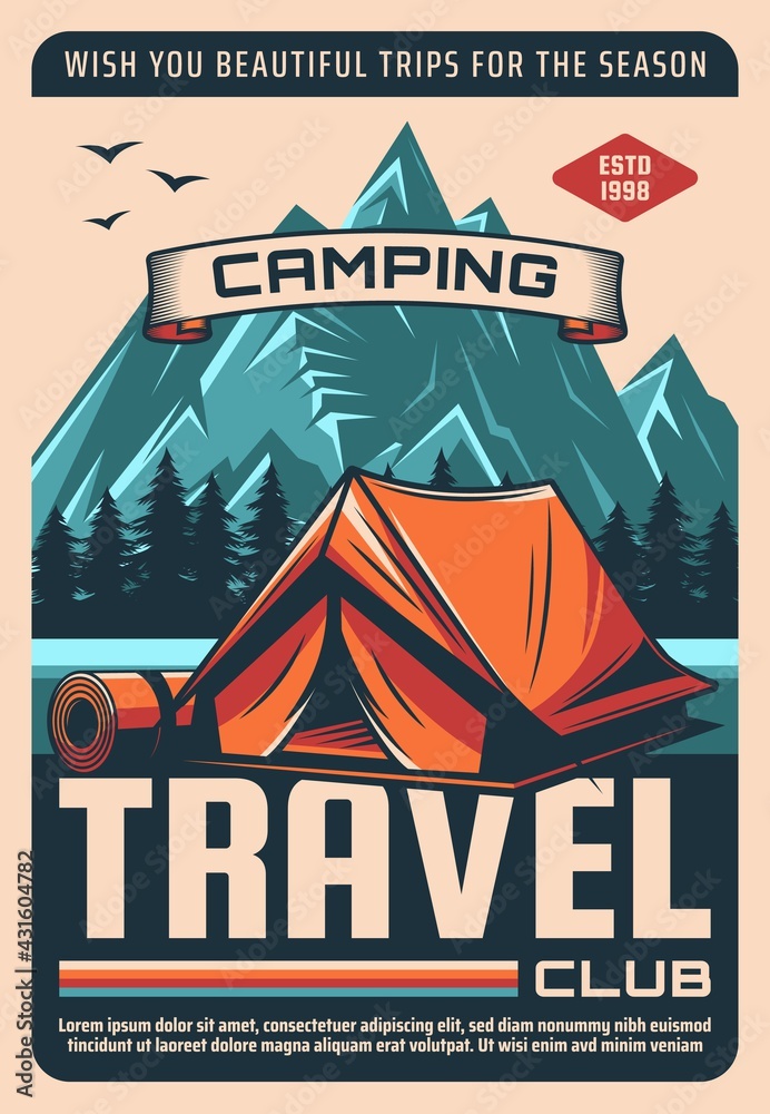 Camping travel, outdoor recreation club tour retro vector poster. Hiking and trekking in mountains, active recreation vintage Touristic tent and foam on mountain river or lake shore Stock Vector