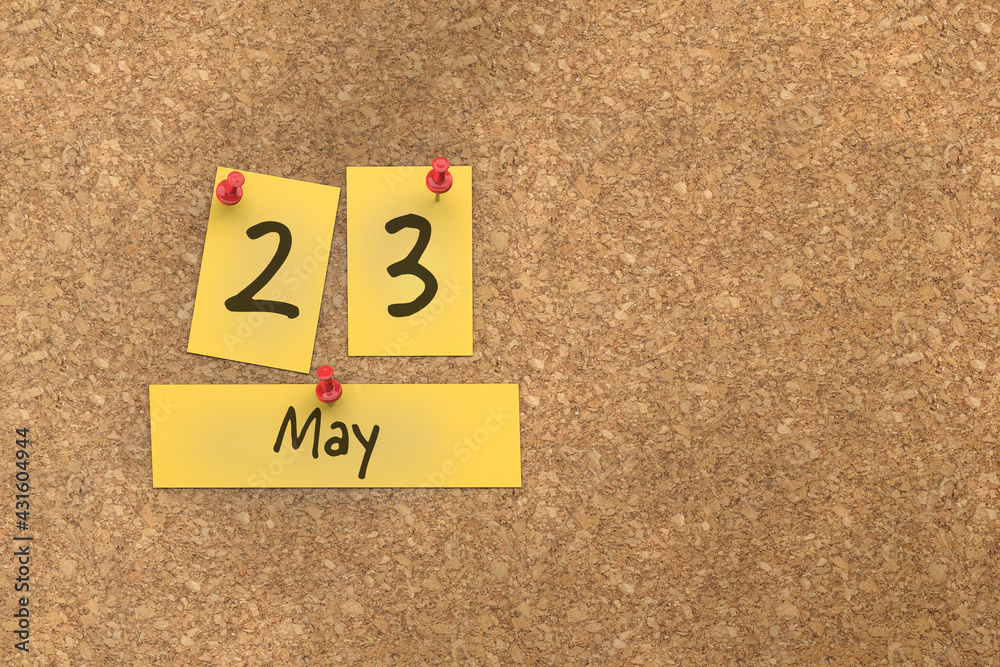 3d rendering of important days concept. May 23rd. Day 23 of month. The date written on yellow papers is pinned to the cork board. Spring month, day of the year. Remind you an important event. 3d rendering of important days concept. May 23rd. Day 23 of month. The date written on yellow papers is pinned to the cork board. Spring month, day of the year. Remind you an important event.