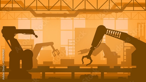 Industrial robots of manufacturing facility vector design of machinery industry and automation technology. Smart factory assembly line with robotics arms, articulated robots, manipulators and welding