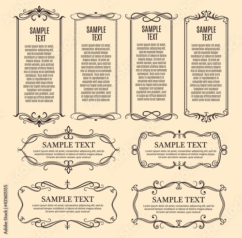 Frames, ornate borders with vintage ornaments and floral decorations, vector. Retro flourish swirls, ornate borders and corners for certificate or menu text, scroll frames and calligraphic dividers