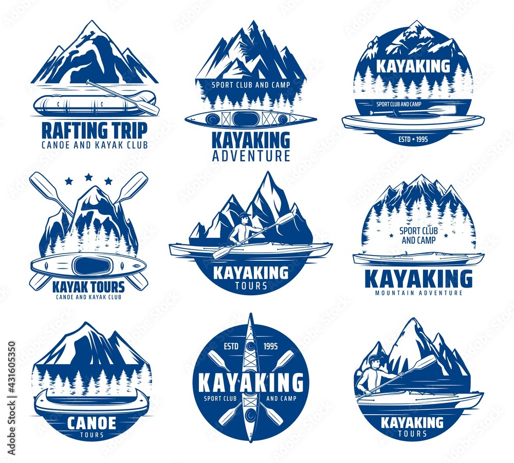 Kayaking, rafting and canoeing sport vector icons with kayak, canoe and  raft boats, paddles, mountain lake and river, teams of kayakers and  canoers. Extreme sport club, tour and camp emblems design Stock