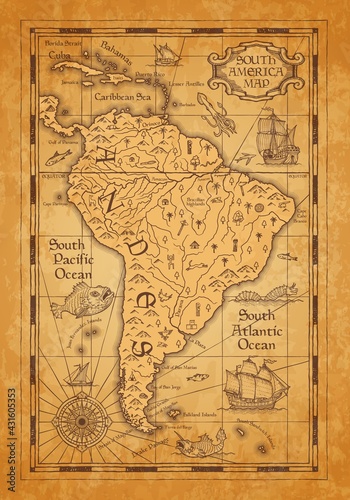 Antique map of South America, vector old parchment with continent, islands and mountains, vintage sea ships, nautical compass rose and ancient ocean monsters. Adventure, cartography and marine journey