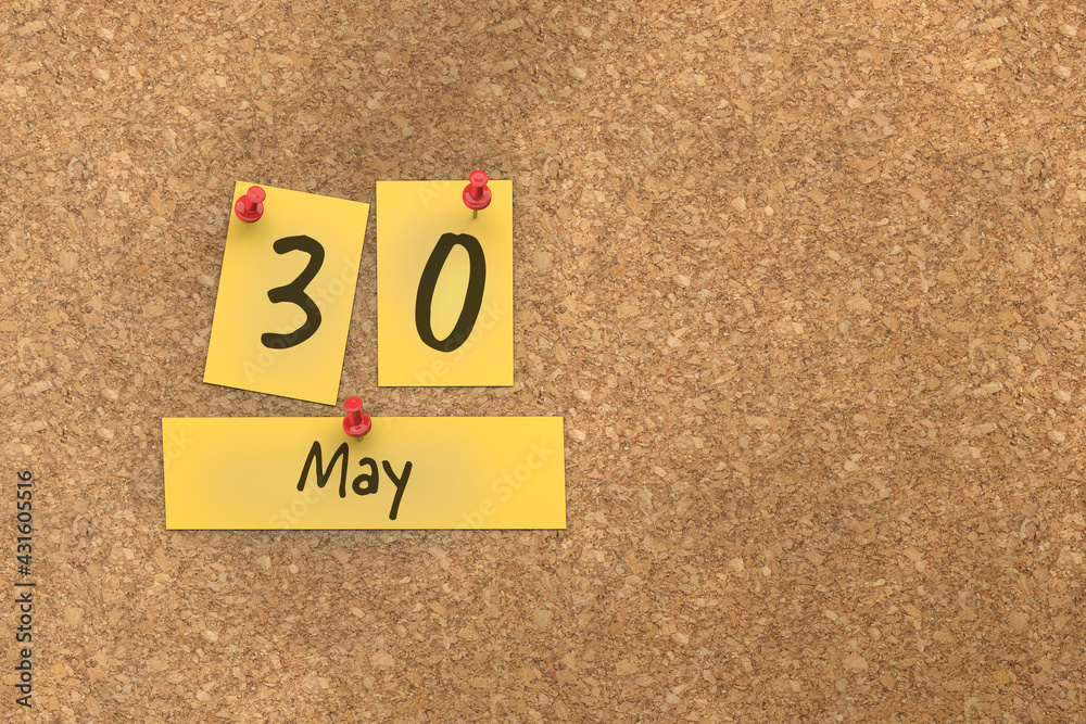 3d rendering of important days concept. May 30th. Day 30 of month. The date written on yellow papers is pinned to the cork board. Spring month, day of the year. Remind you an important event. 3d rendering of important days concept. May 30th. Day 30 of month. The date written on yellow papers is pinned to the cork board. Spring month, day of the year. Remind you an important event.