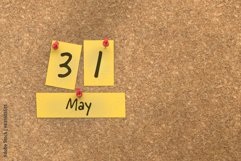 3d rendering of important days concept. May 31st. Day 31 of month. The date written on yellow papers is pinned to the cork board. Spring month, day of the year. Remind you an important event. 3d rendering of important days concept. May 31st. Day 31 of month. The date written on yellow papers is pinned to the cork board. Spring month, day of the year. Remind you an important event.