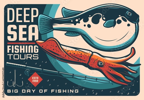 Sea fishing sport retro poster with vector fish, seafood, fisherman tackle and bait. Fugu fish, squid, fisher rod or spinning, hook, reel and lure, fishing tours or competition design
