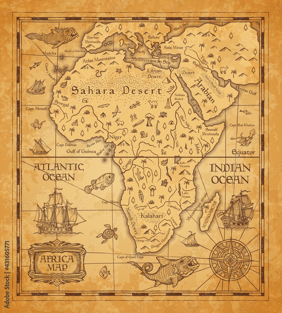 Antique map of Africa on old parchment. Vector African continent with islands, sea and oceans, mountains, deserts and rivers, vintage sail ship, boat, nautical compass rose and ancient monster fish