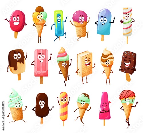 Cute ice cream cartoon characters of vector summer dessert food. Icecream cones with vanilla scoops, chocolate ice cream sticks and sandwich, gelato, sundae, sorbet and popsicle with happy emotions