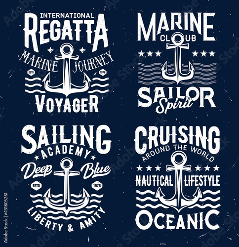 Tshirt prints with anchors and sea waves, apparel vector design. Isolated armature labels with typography for marine club, regatta, sailing academy t shirt prints, emblem on blue grunge background set