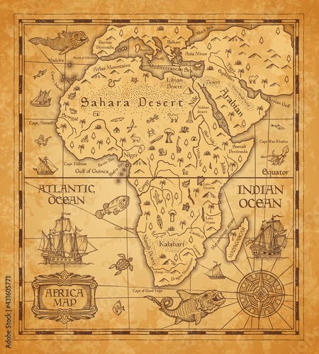 Antique map of Africa on old parchment. Vector African continent with islands, sea and oceans, mountains, deserts and rivers, vintage sail ship, boat, nautical compass rose and ancient monster fish