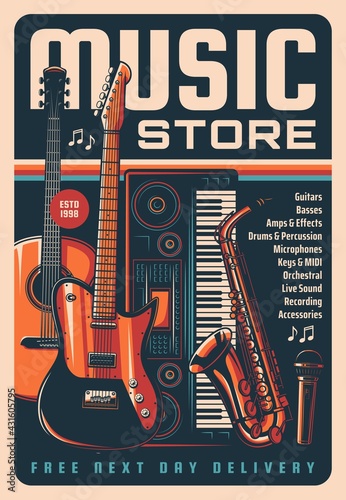 Music instruments store vintage poster, sound equipment, acoustic and electronic musical instruments shop retro vector banner. Electric and classic guitar, piano or synthesizer, saxophone, microphone