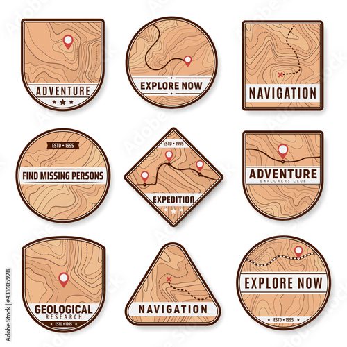 Topography icons for navigation, geology and travel with location points on vector map. Topographic emblems for world journey or road expedition and explore adventure, missing persons investigation