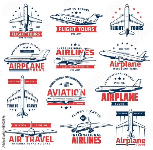 Aviation airplane vector icons of air travel design. Passenger airline plane, jet airliner or jetliner isolated symbols of aircraft, international flight, airplane tour and air transport emblems