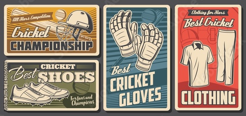 Cricket equipment and uniform. Vector cricket sports game ball  bat and player uniform clothing helmet  shoes  tshirt and pants with gloves. Sport club and championship match retro banners set