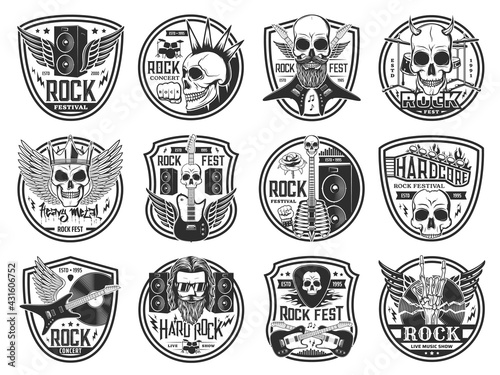 Rock and heavy metal music festival icons. Hard rock concert, live show and fest emblems. Human skulls with mohawk hairstyle, demon horns and crown, electric guitars, audio speakers engraved vector