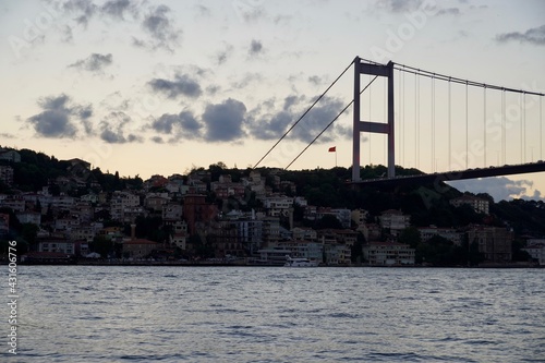 Panoramic photo of the Istanbul Bosphorus. The landscape of Istanbul is a beautiful sunset with clouds. Silhouette bridge Yavuz Bridge Sultan Selim Istanbul Turkey at sunset. Bosphorus side photo