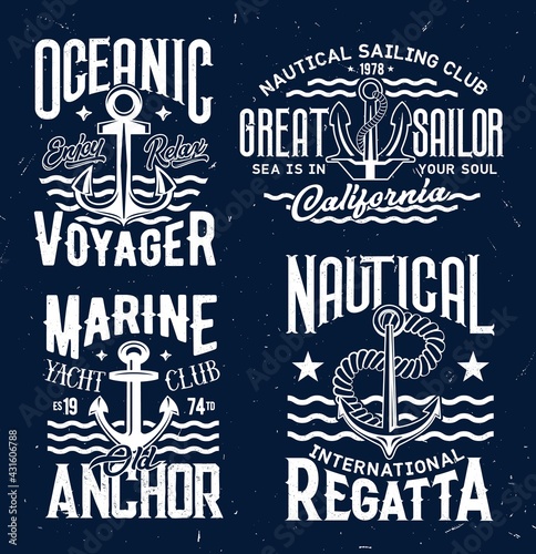 Ship anchor t-shirt print vector templates. Admiralty or fisherman, stockless anchor and retro typography. Nautical sailing or yacht club regatta competition emblem, yachtsmen apparel custom print