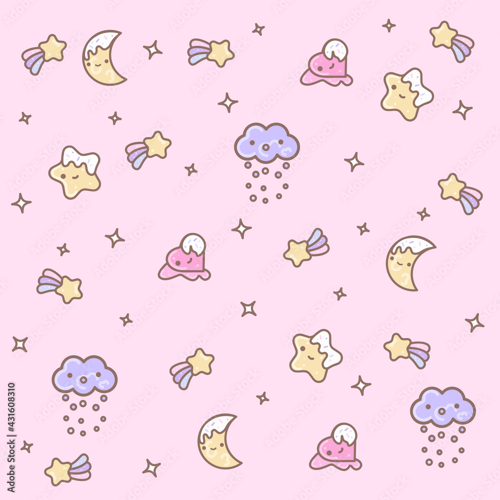 Cute pattern with stars, hearts, clouds and the moon on a pink background.
Cute pattern with stars, hearts, clouds and the moon on a pink background.