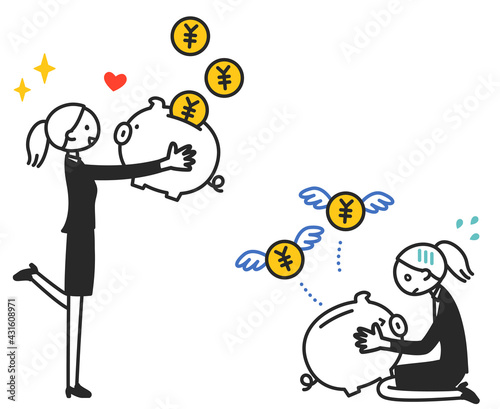 貯金箱を持って喜んだり悲しんだりするちまっとした人物