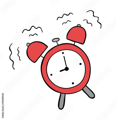 Cartoon vector illustration of alarm clock ringing.