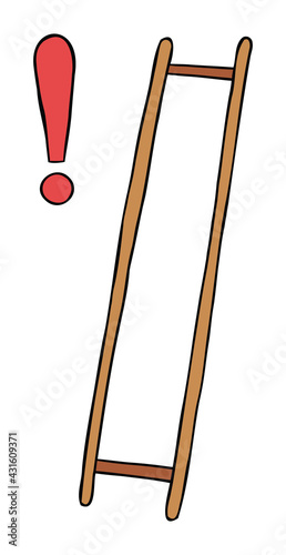 Cartoon vector illustration of wooden ladder with missing steps and exclamation mark.